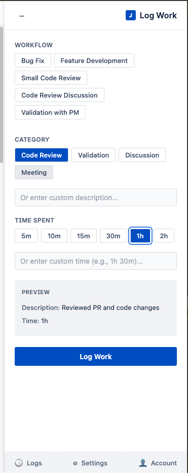 Logs page with category and time selection