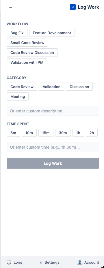 Sidebar logs page showing one-click workflow options